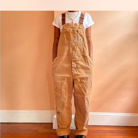 CARHARTT vintage bibs/overalls,doubler knee distresssed waist 44; inseam 30 - Picture 2 of 5